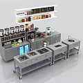 Industrial Kitchen Equipment With Stainless Steel Worktables Sinks Coffee Machines And Mobile Spice Racks