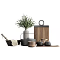 Stylish Tableware Set With Iron Pot Ceramic Bowls Wooden Cutting Board And Green Plants