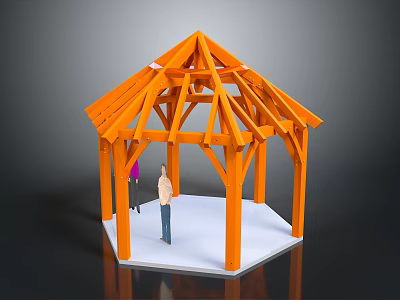Orange Wooden Gazebo Frame Structure With Two People Standing Inside 3d model