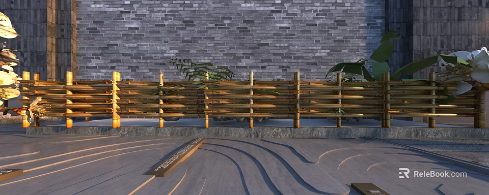 Natural Wooden Hinged Door in Courtyard with Stone Wall Green Plants and Curved Ground Design 3d model 
