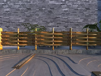 Natural Wooden Hinged Door in Courtyard with Stone Wall Green Plants and Curved Ground Design 3d model
