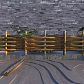 Natural Wooden Hinged Door in Courtyard with Stone Wall Green Plants and Curved Ground Design