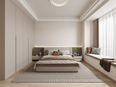 Modern Minimalist Bedroom Interior With Bed Window Seat Pillows And Built In Wardrobe 3d model