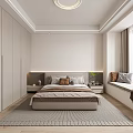 Modern Minimalist Bedroom Interior With Bed Window Seat Pillows And Built In Wardrobe