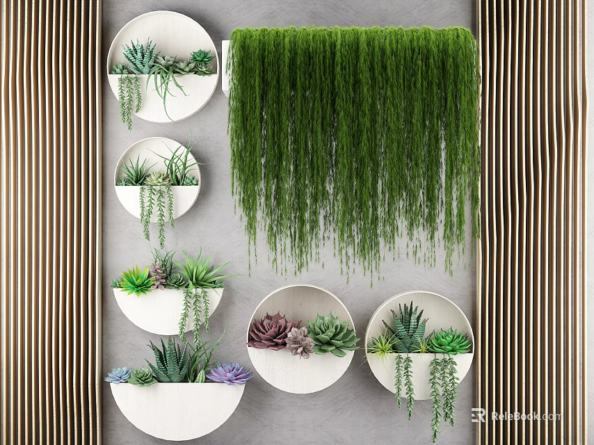 Modern Living Plant Wall Design With White Circular Planters And Various Green Plants 3d model 