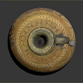 Ancient Style Sculpted Earthenware Jug With Geometric Patterns Yellow Blue Hues And Curved Handle