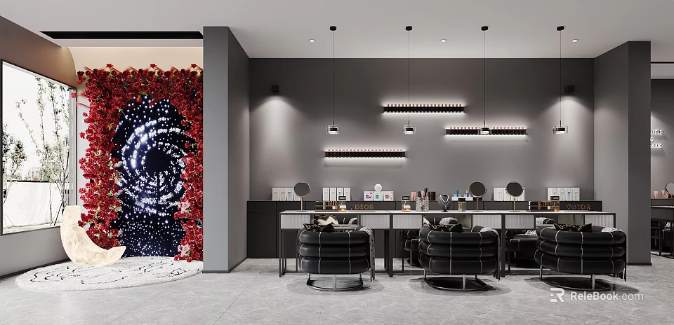 Luxury Beauty Hair Salon Interior With Styling Chairs Mirrors And Decorative Wall 3d model 