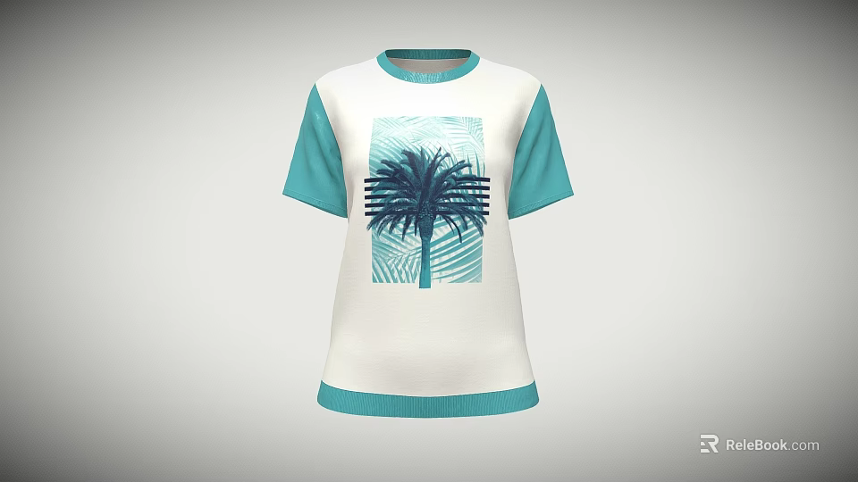 Casual White T shirt with Turquoise Short Sleeves and Palm Tree Graphic Design 3d model 