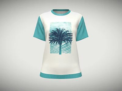 Casual White T shirt with Turquoise Short Sleeves and Palm Tree Graphic Design 3d model