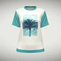 Casual White T shirt with Turquoise Short Sleeves and Palm Tree Graphic Design