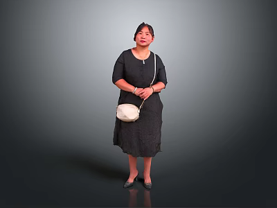 Woman in Black Dress Holding White Handbag Standing on Dark Floor with Gray Background 3d model