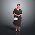 Woman in Black Dress Holding White Handbag Standing on Dark Floor with Gray Background