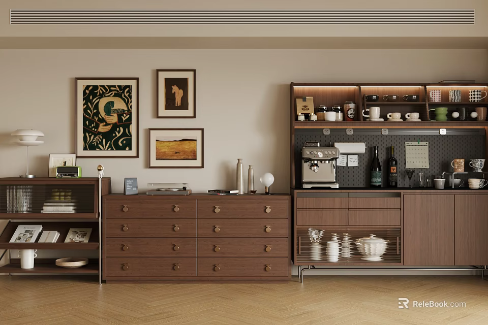 Brown Sideboard With Drawers Decorative Paintings Coffee Machine Cups On Wooden Floor 3d model 