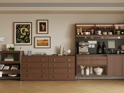 Brown Sideboard With Drawers Decorative Paintings Coffee Machine Cups On Wooden Floor 3d model