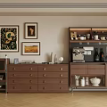 Brown Sideboard With Drawers Decorative Paintings Coffee Machine Cups On Wooden Floor