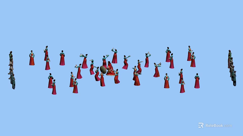 Group of People in Red Traditional Costumes Performing Folk Dance Formation 3d model 