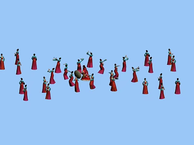 Group of People in Red Traditional Costumes Performing Folk Dance Formation 3d model