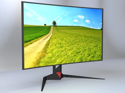 Computer Monitor Displaying Scenic Green Field And Path With Black Stand And Red Accent 3d model