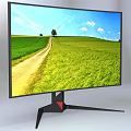 Computer Monitor Displaying Scenic Green Field And Path With Black Stand And Red Accent