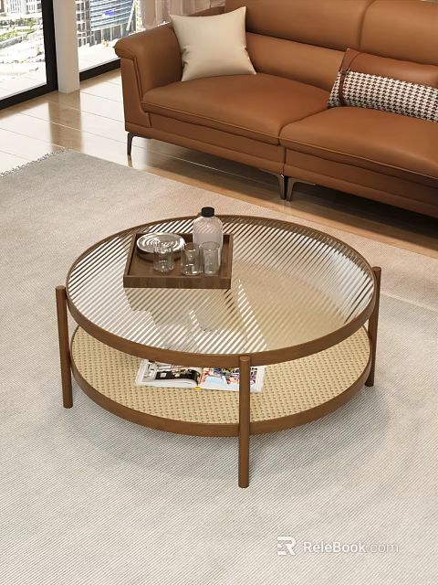 Round Coffee Table with Glass Top Brown Frame Woven Shelf Tray Water Bottle and Magazines 3d model 