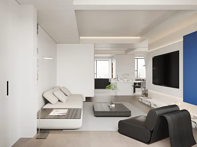 Modern Living Dining Room Interior with Open Layout White Sofa Black Armchair and Coffee Table 3d model