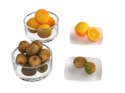 Fresh Oranges and Kiwis Displayed in Glass Bowls and on White Plates 3d model Fresh Oranges and Kiwis Displayed in Glass Bowls and on White Plates 3d model
