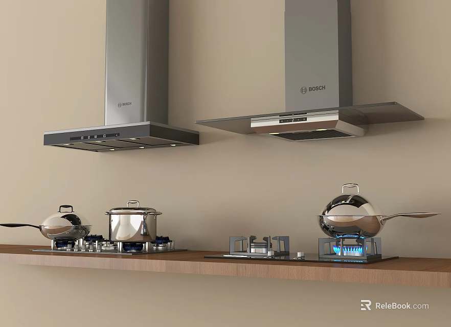 Modern Stainless Steel Range Hoods With Gas Stove And Cookware On Wooden Shelf 3d model 