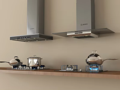 Modern Stainless Steel Range Hoods With Gas Stove And Cookware On Wooden Shelf 3d model