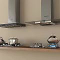 Modern Stainless Steel Range Hoods With Gas Stove And Cookware On Wooden Shelf