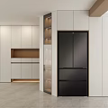 Modern White Sideboard With Black Fridge And Open Storage Shelves In Kitchen Area
