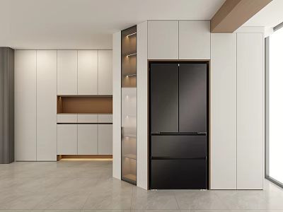 Modern White Sideboard With Black Fridge And Open Storage Shelves In Kitchen Area 3d model
