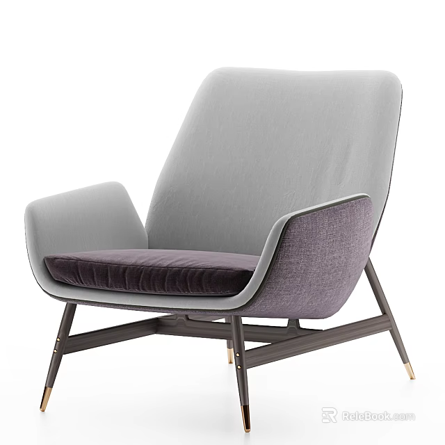Upholstered Accent Chair Modern Design Light Gray Backrest Dark Purple Cushion Metal Legs Gold Feet 3d model 