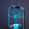 Vintage Metal Lantern With Handle And Glowing Blue Light Decorative Design