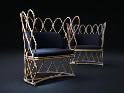Elegant Modern Leisure Chairs With Golden Woven Frame And Black Cushions Curved Backrest Design 3d model