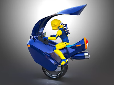 Stylish Blue Monowheel Motorcycle With Yellow Rider Riding In Futuristic Look 3d model