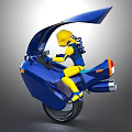 Stylish Blue Monowheel Motorcycle With Yellow Rider Riding In Futuristic Look