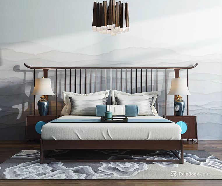 New Chinese Double Bed with Mountain Painting Wall Wooden Slat Headboard and Table Lamps 3d model 
