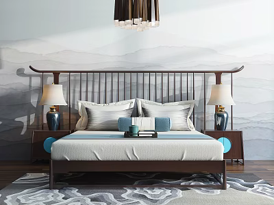 New Chinese Double Bed with Mountain Painting Wall Wooden Slat Headboard and Table Lamps 3d model