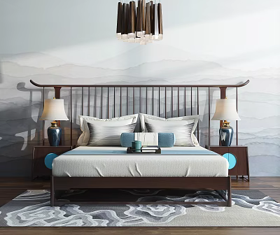New Chinese Double Bed with Mountain Painting Wall Wooden Slat Headboard and Table Lamps 3d model