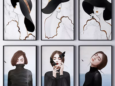Minimalist Women Portrait Paintings With Hats Butterflies And Black Clothing Decor 3d model