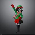 Cartoon Character Waving With Green Hat Red White Scarf Red Skirt And Black Handbag