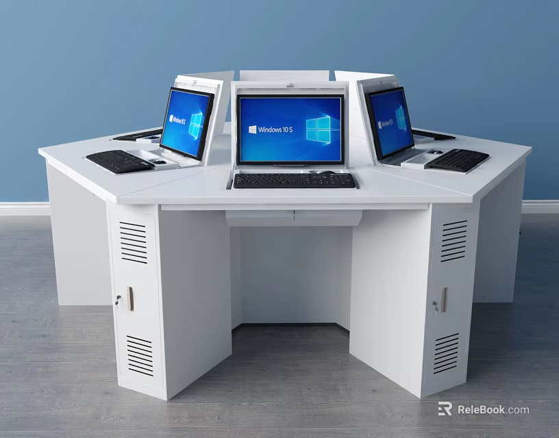 Octagonal White Office Desk With Three Laptops Displaying Windows Interface Drawers And Ventilation Holes 3d model 