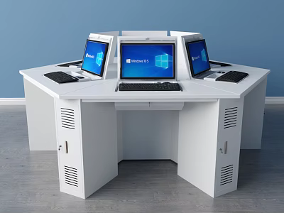 Octagonal White Office Desk With Three Laptops Displaying Windows Interface Drawers And Ventilation Holes 3d model