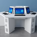 Octagonal White Office Desk With Three Laptops Displaying Windows Interface Drawers And Ventilation Holes