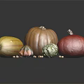 Different Colored Pumpkins In Various Shapes With Seeds On Black Reflective Surface