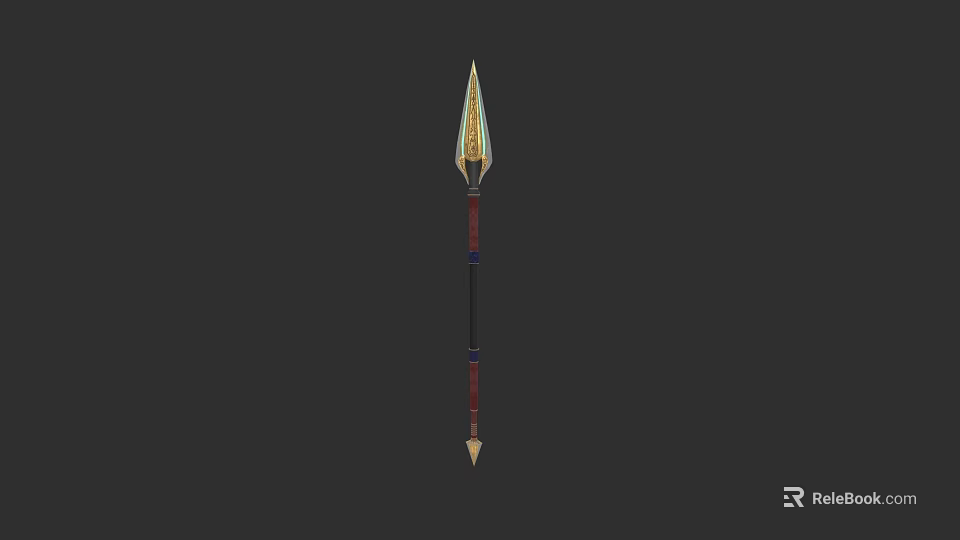Ornate Spear Weapon With Golden Metal Spearhead And Colorful Red Blue Black Shaft 3d model 