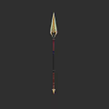 Ornate Spear Weapon With Golden Metal Spearhead And Colorful Red Blue Black Shaft
