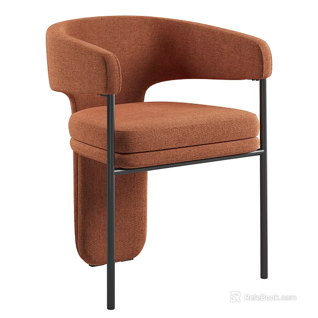 Brown Upholstered Dining Chair With Black Metal Frame And Armrests Padded Seat And Back 3d model 