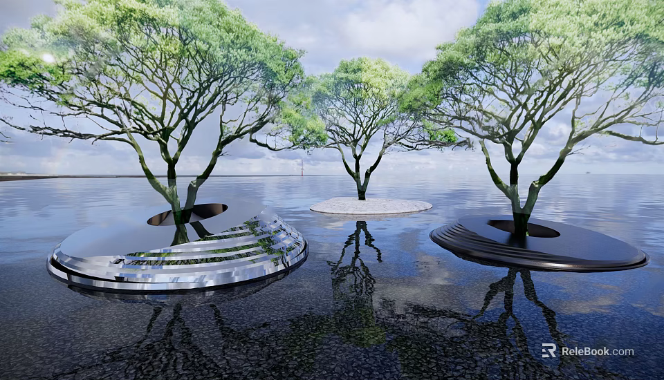 Modern Tree Planters With Curved Structures And Reflections On Water Surface 3d model 