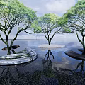 Modern Tree Planters With Curved Structures And Reflections On Water Surface